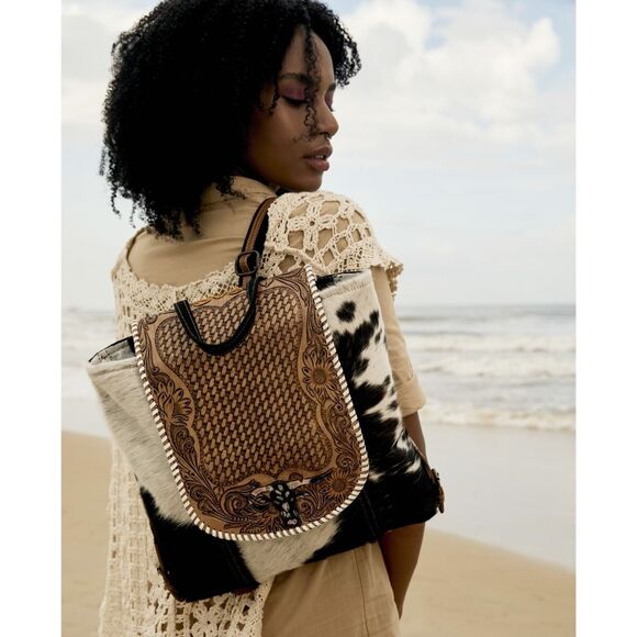 Myra Bag Handmade Padauk Hand Tooled Bag Upcycled Canvas & Cowhide Leather - Picture 1 of 9